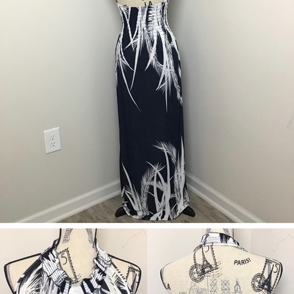 Women’s Black White Print Halter Maxi Dress with Silver Pendant on neck - Picture 2 of 3